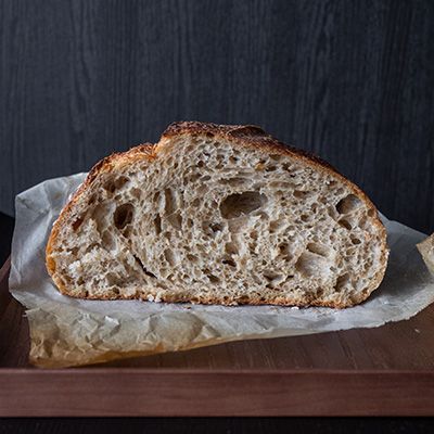 a sour dough loaf sliced so you can see the detail of the bread